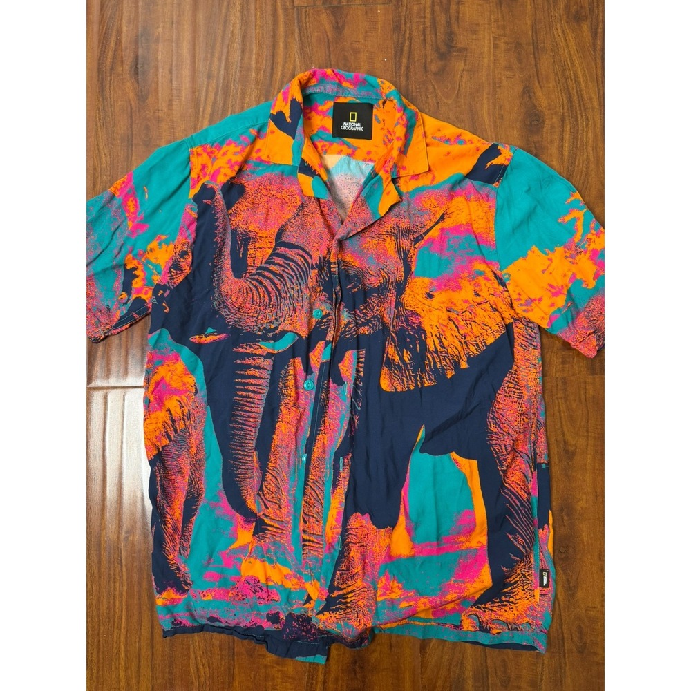 Disney National Geographic Elephant All Over Print Hawaiian Shirt Mens SZ S